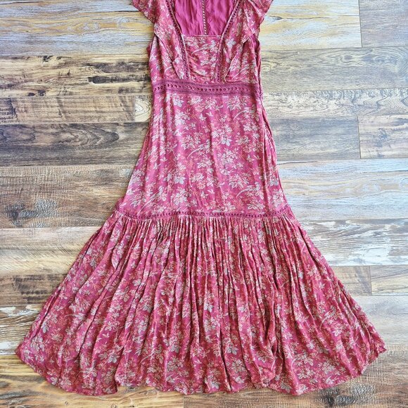 Sundance Harvest Floral Tiered Maxi Dress Ruffle Cap Sleeve Chiffon Red - Picture 10 of 16